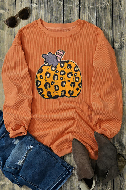 Orange Leopard Pumpkin Patchwork Ribbed Sweatshirt