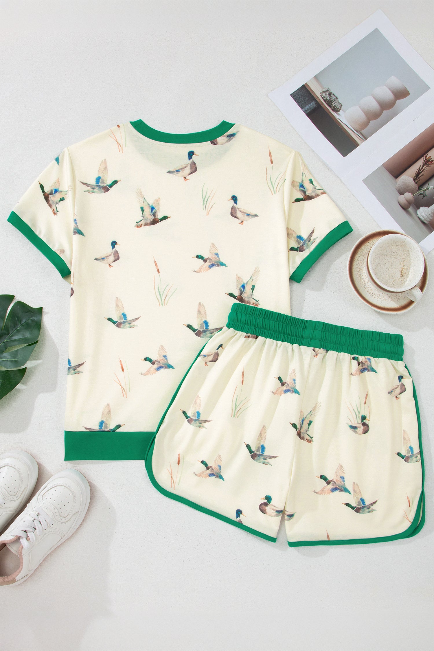 Beige Mallard Printed Colorblock Trim Short Set