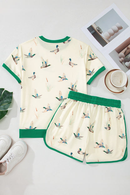 Beige Mallard Printed Colorblock Trim Short Set