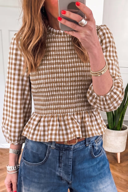 Ruched 3/4 Sleeve Shirred Plaid Peplum Top
