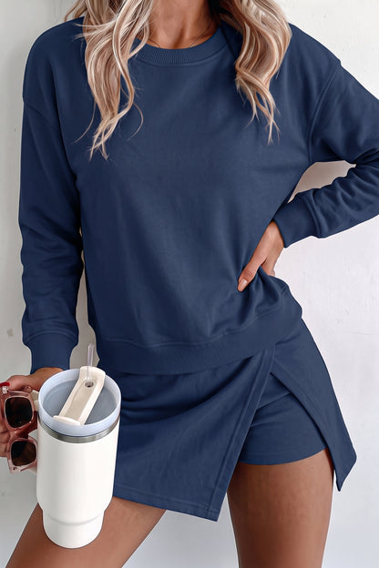 Solid Color Long Sleeve Top Split Skort 2pcs Outfit