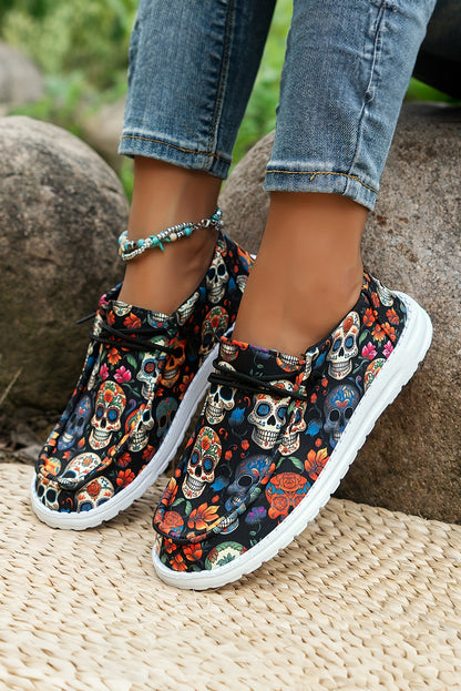 Sugar Skull Print Lace-up Detail Flat Shoes