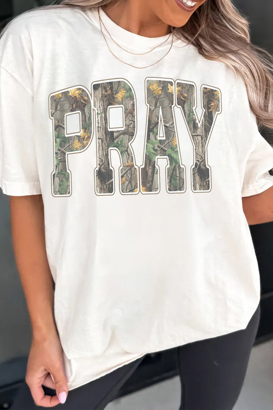 PRAY | Camo Letter Print Graphic Tee