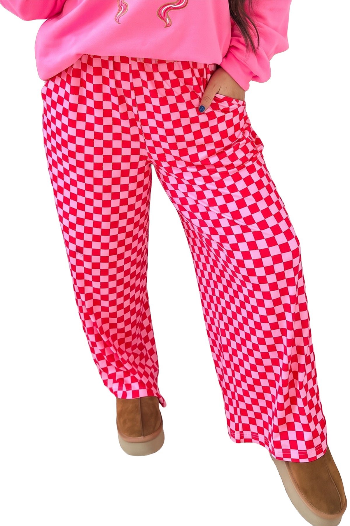 Pink Plus Size Checkered Pattern Loose Casual Pants
