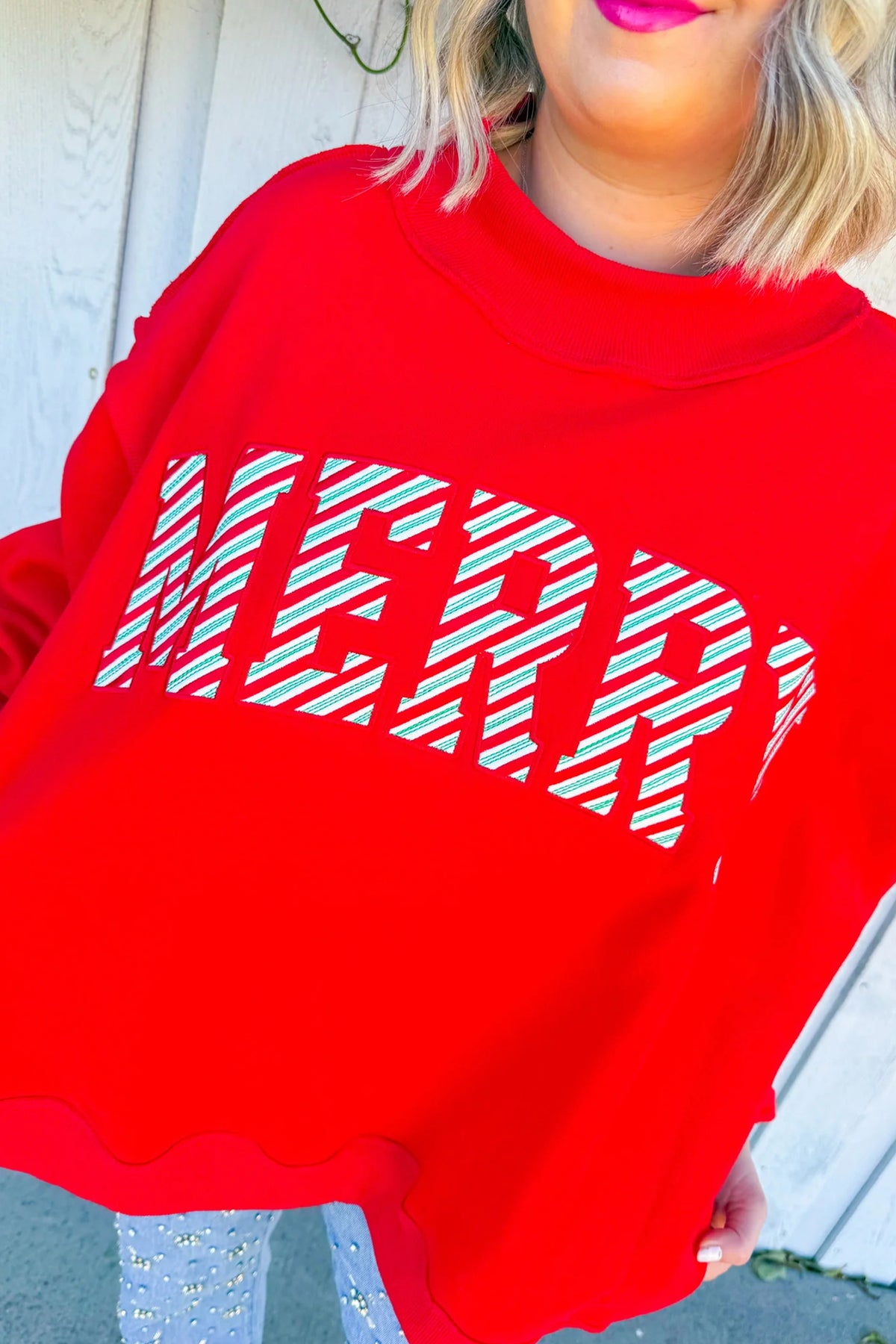 Fiery Red Embroidered Merry Slogan Stand Neck Long Sleeve Shift Sweatshirt