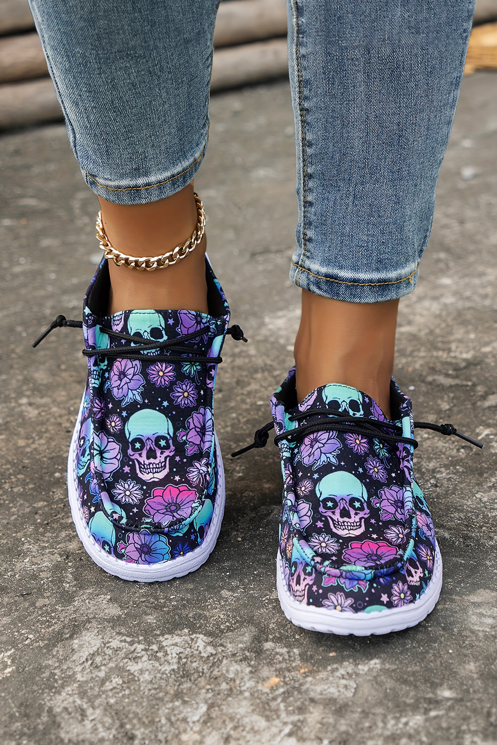 Sugar Skull Print Lace-up Detail Flat Shoes