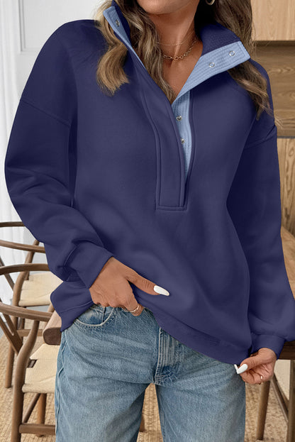 Blue Drop Shoulder Metal Button Casual Pullover Sweatshirt