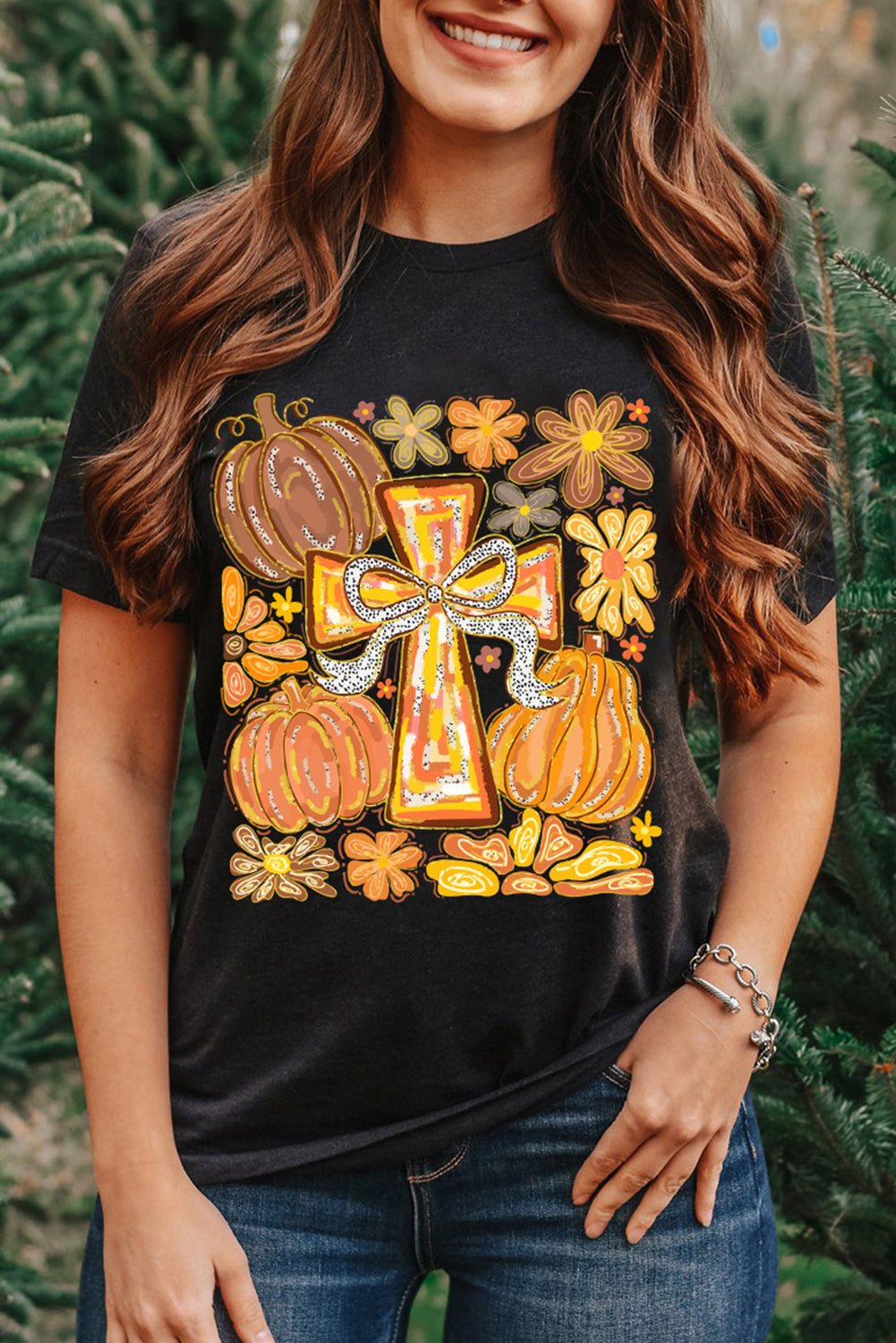 Black Cross Pumpkin Graphic Cotton Blend Tee