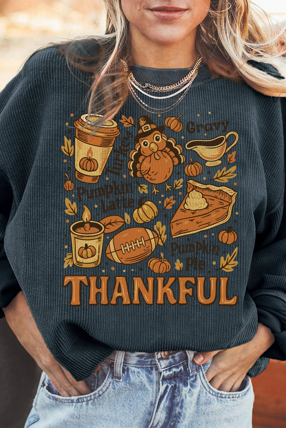Dark Grey Twisted Ribbed THANKFUL Fall Fashion Printed Baggy Sweatshirt