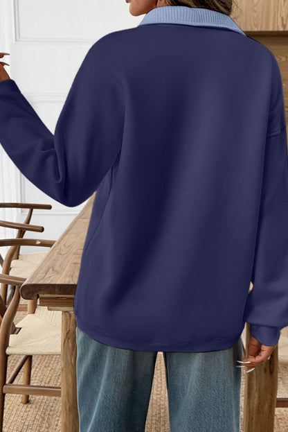 Blue Drop Shoulder Metal Button Casual Pullover Sweatshirt