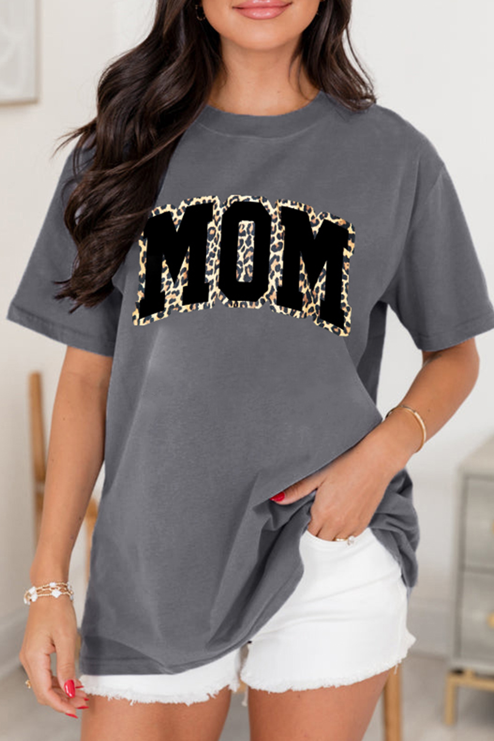 Gray Leopard MOM Graphic Crewneck T Shirt