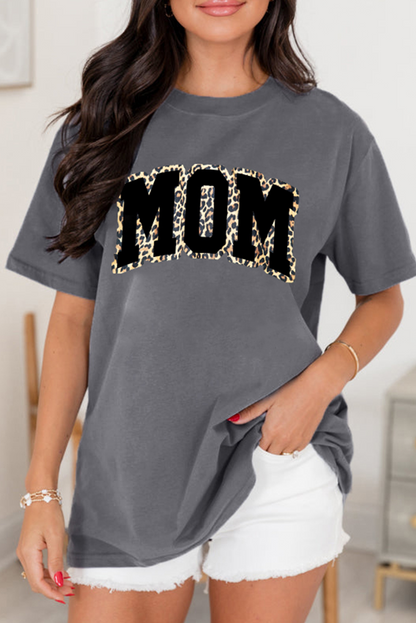 Gray Leopard MOM Graphic Crewneck T Shirt