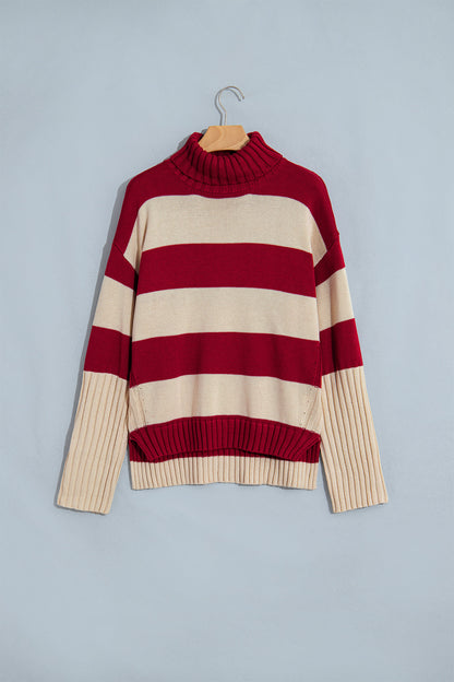 Red Stripe Ribbed Trim High Neck Relaxed Pullover Sweater