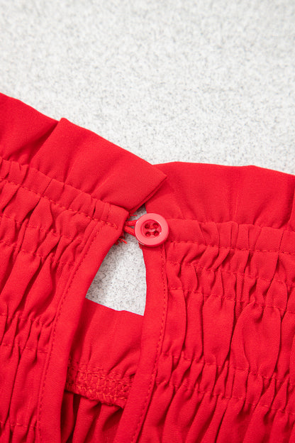 Jet Stream Solid Color Smocked Ruffle Hem Long Sleeve Blouse
