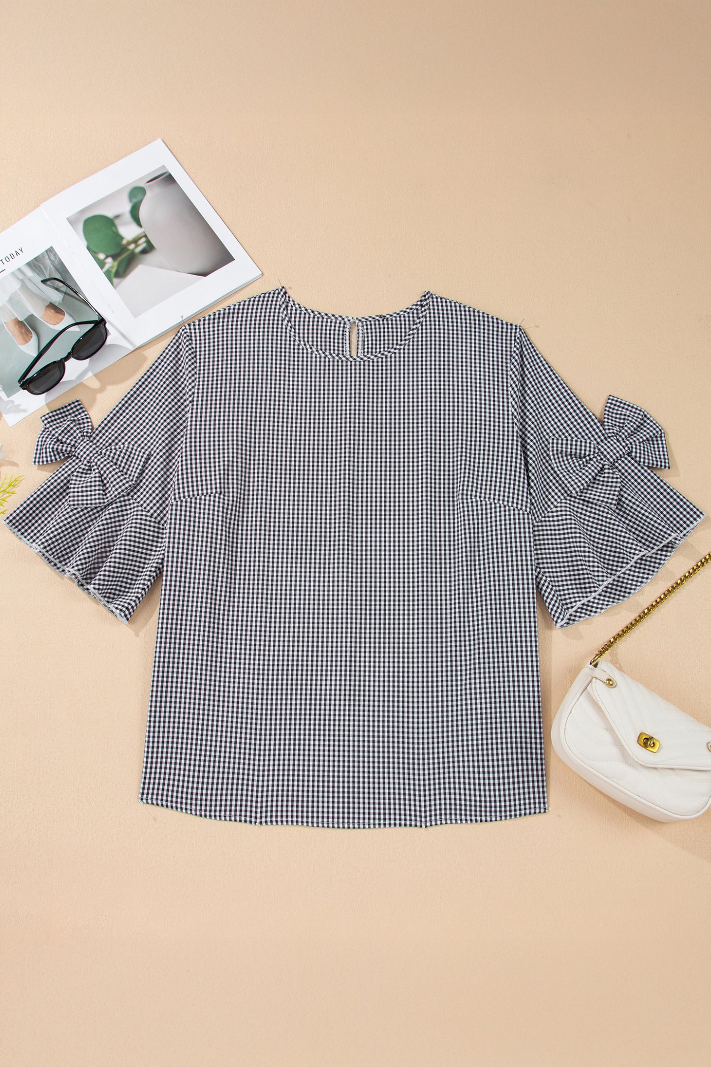 Wren Plaid Bow Bell Sleeve Top