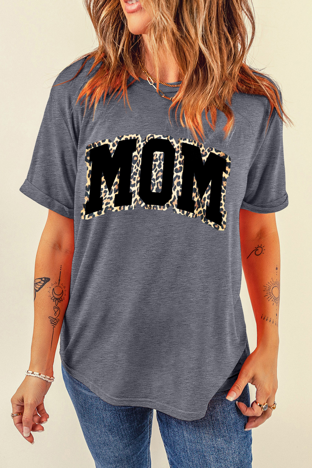 Gray Leopard MOM Graphic Crewneck T Shirt