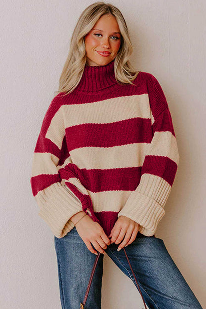 Red Stripe Ribbed Trim High Neck Relaxed Pullover Sweater