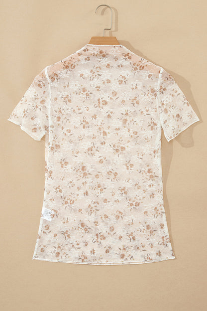 White Mock Neck Short Sleeve Floral Mesh Top