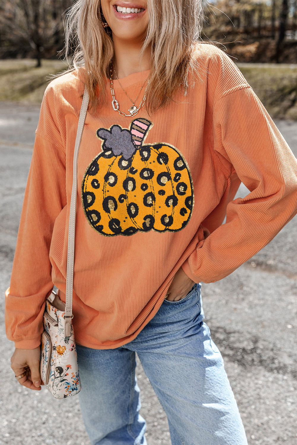 Orange Leopard Pumpkin Patchwork Ribbed Sweatshirt