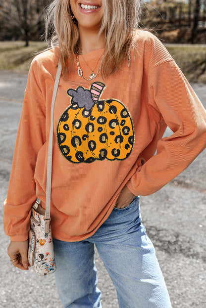 Orange Leopard Pumpkin Patchwork Ribbed Sweatshirt