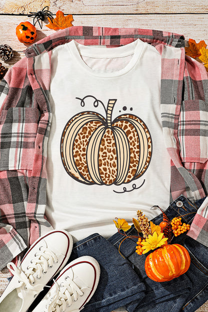 White Leopard Pumpkin Graphic Crewneck T Shirt