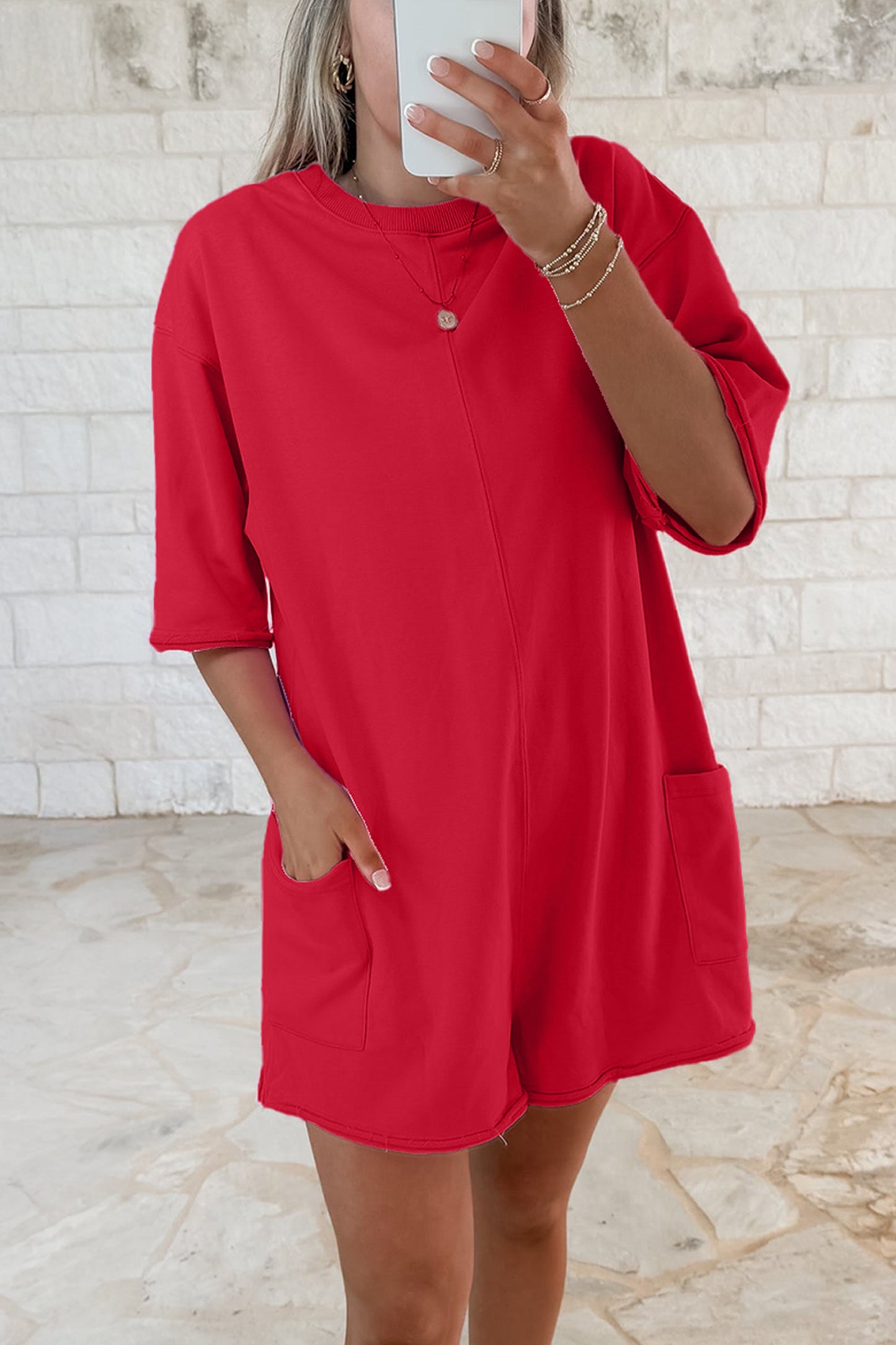 The Effortless Edit — Raw Edge Half Sleeve Pocketed Romper