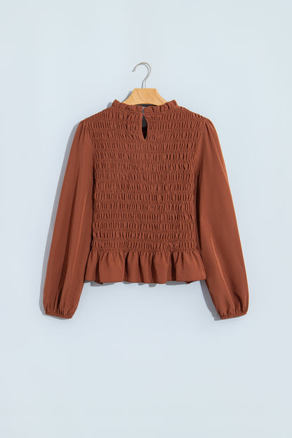 Jet Stream Solid Color Smocked Ruffle Hem Long Sleeve Blouse