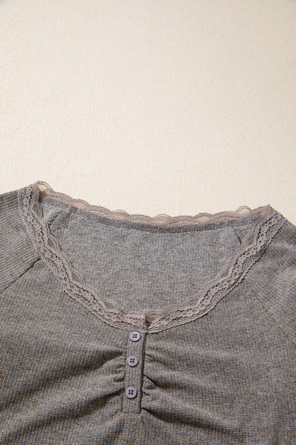 Medium Grey Solid Color Ribbed Lace Trim V-Neck Button Detail Long Sleeve Top