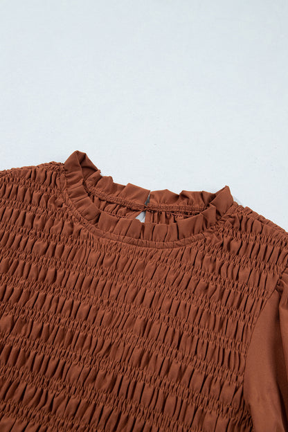Jet Stream Solid Color Smocked Ruffle Hem Long Sleeve Blouse