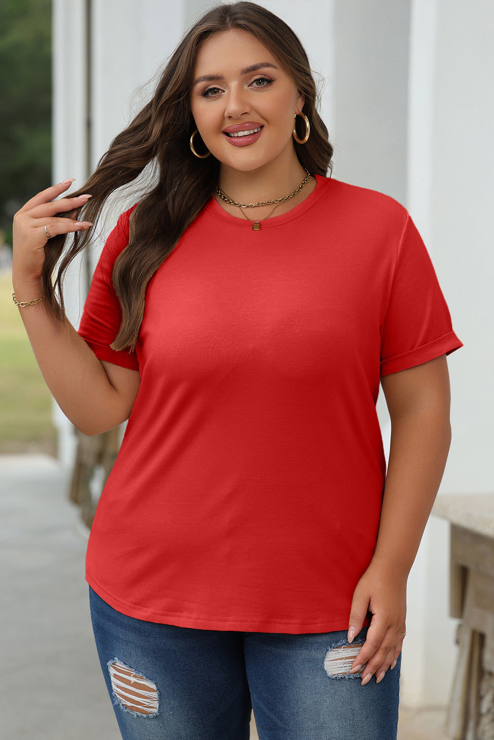 Orange Casual Plain Crew Neck Tee