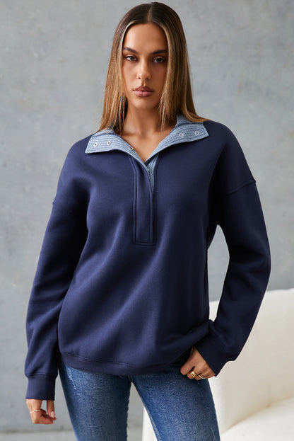 Blue Drop Shoulder Metal Button Casual Pullover Sweatshirt