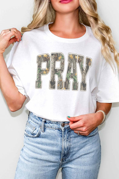 PRAY | Camo Letter Print Graphic Tee