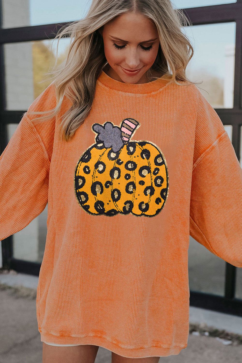 Orange Leopard Pumpkin Patchwork Ribbed Sweatshirt