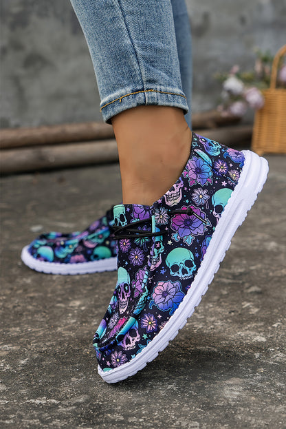 Sugar Skull Print Lace-up Detail Flat Shoes